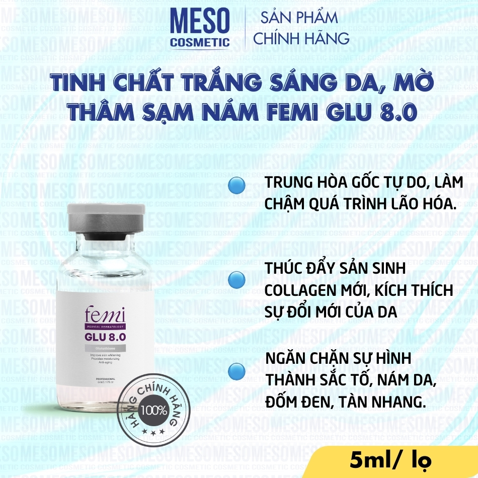 Tinh chất trắng sáng da, mờ thâm sạm nám Femi Glu 8.0 lẻ lọ 5ml